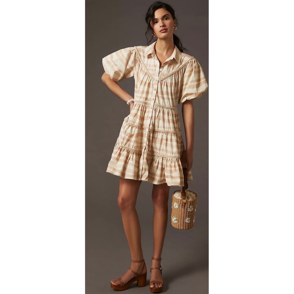 Anthropologie Let Me Be Striped Tiered Mini Dress Cream Beige Puff Sleeve S